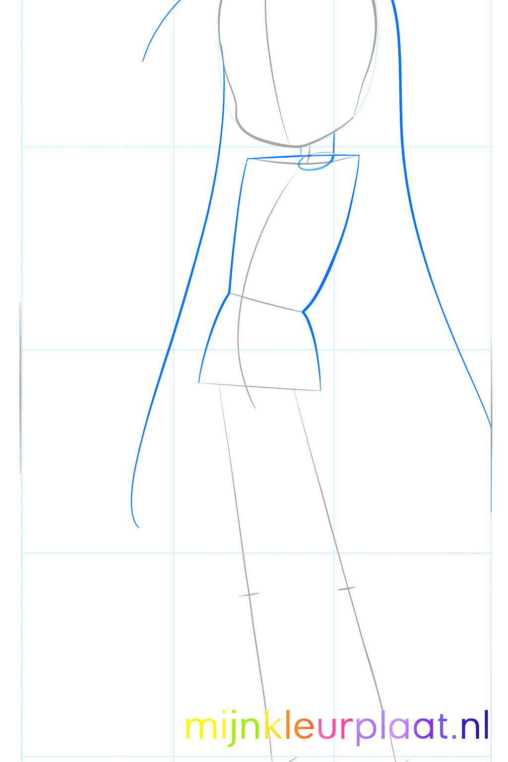 Guide lines for the neck, hair, and torso of the anime girl.