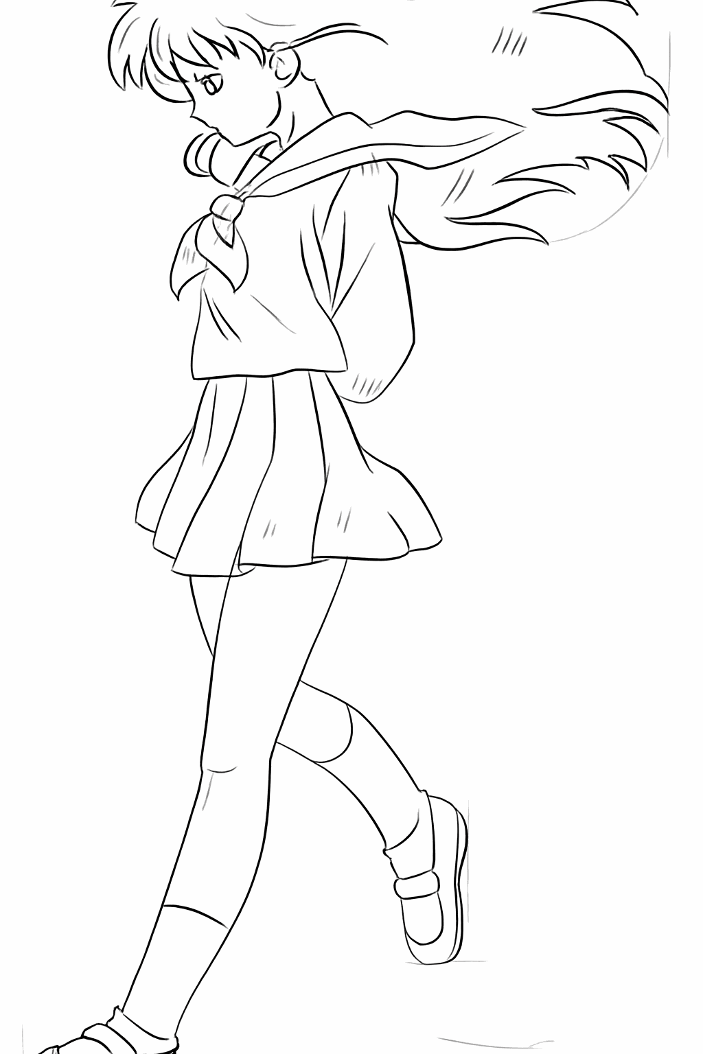 Detailed hair strands and lines indicating folds in the clothing.