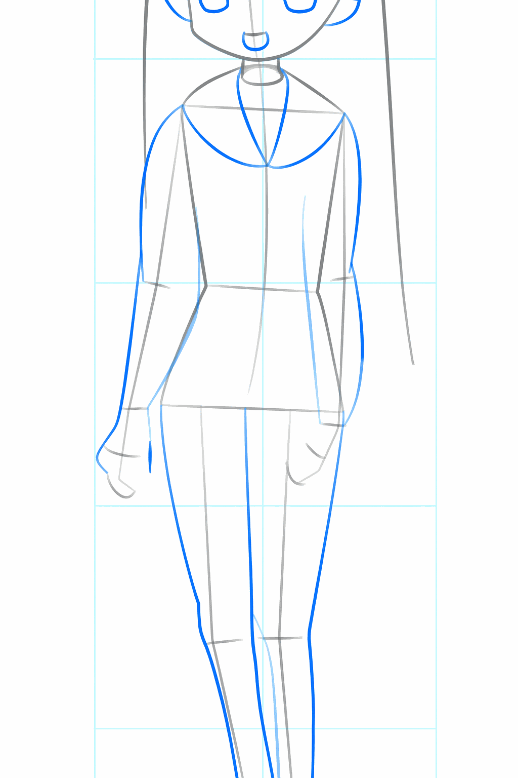 Clothing shapes such as sleeves and a skirt drawn over the guide lines.