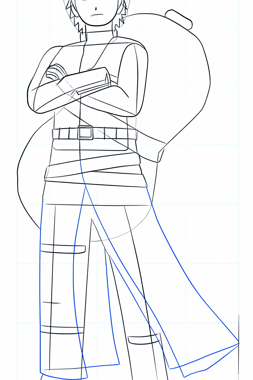 Outline of the hair and the large gourd on the back.