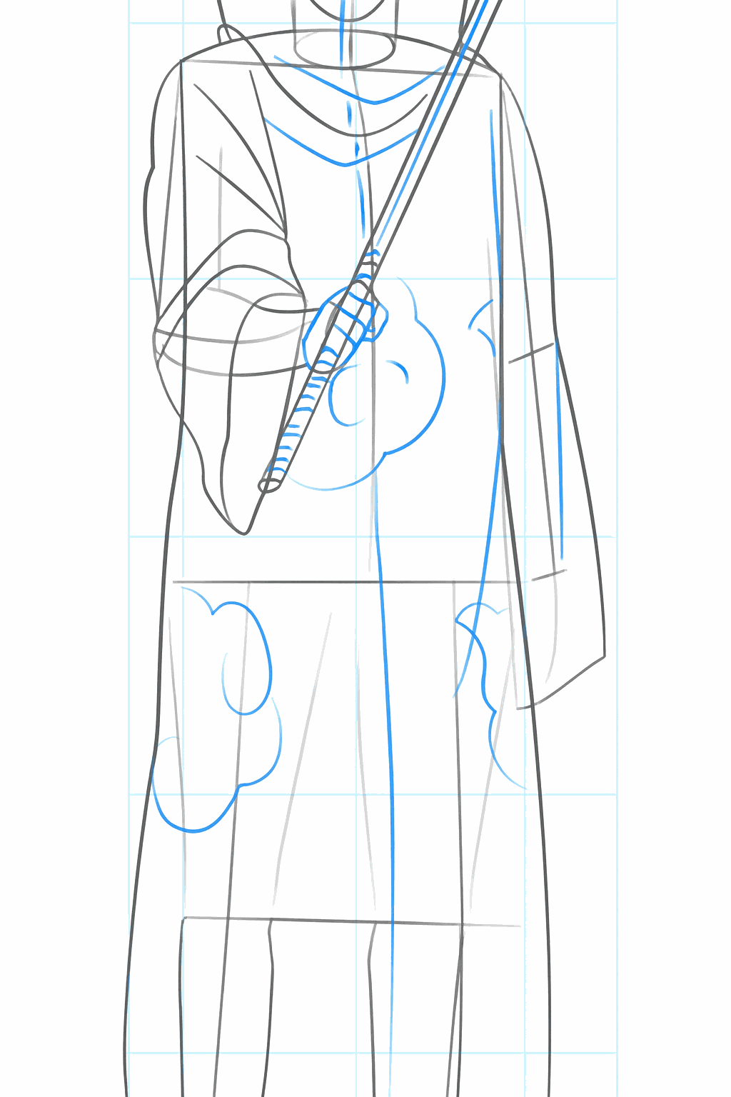 A sword behind the back and details of the feet in sandals.